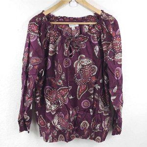 Merona Womens Peasant Blouse Purp.le Paisley Long Sleeve Off Shoulder Sz 1